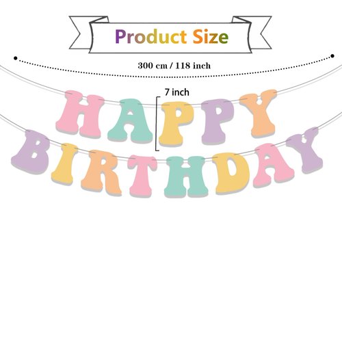 Pre-Strung Pastel Happy Birthday Banner, Girls Toddler Birthday Party Decorations, Cute Groovy Birthday Decor Macaron Rainbow
