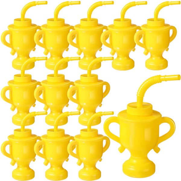 Zubebe 12 Pcs Race Car Trophy Cups with Straws Lids 10oz Plastic Reusable Racing Party Cups Bulk for Kids Two Fast Construction Birthday Party Favor Supply Operation Christmas(Gold)