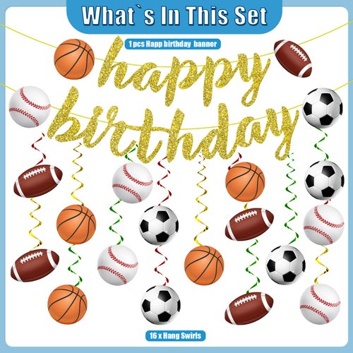 KORHONEN Sports Birthday Party Decorations, Sports Party Decorations Includes Happy Birthday Banner and Sports Hanging Swilrs, Basketball Baseball Football Soccer Sports Themed Party Decor