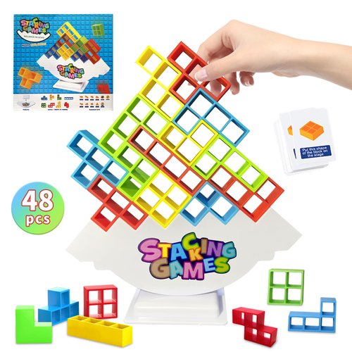 abigio Valentines Day Gifts for Kids Tower Stack Game, 48 PCS Balance Blocks Stacking Toys for Kids & Adults, Stack Attack Board Game for Family, Party, Boys Girls Age 3+