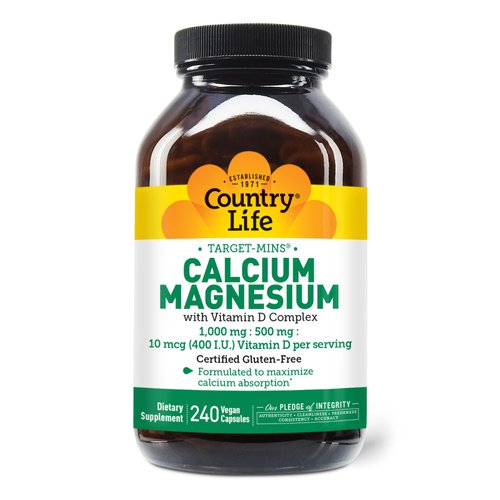 Country Life Target-Mins Calcium Magnesium with Vitamin D-Complex, 1000mg/500mg/10mcg, 240 Vegan ...
