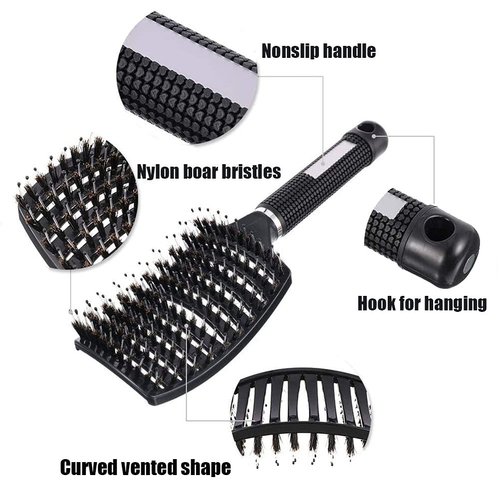 Boar Bristle Detangler Vent Brush Curved Vented Paddle Brush for Blow Drying, Anti-frizz Detangling Brush Styling Hairbrush Comb for Curly Fine Wavy Natural Tangled Hair, Wet or Dry Use