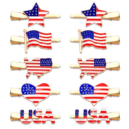NVENF American Flag Hair Clips for Women Enamel Rhinestone Star Heart Hairpins USA Independence Day Hair Barrettes Dainty 4th of July Hair Accessory (5 Pairs)