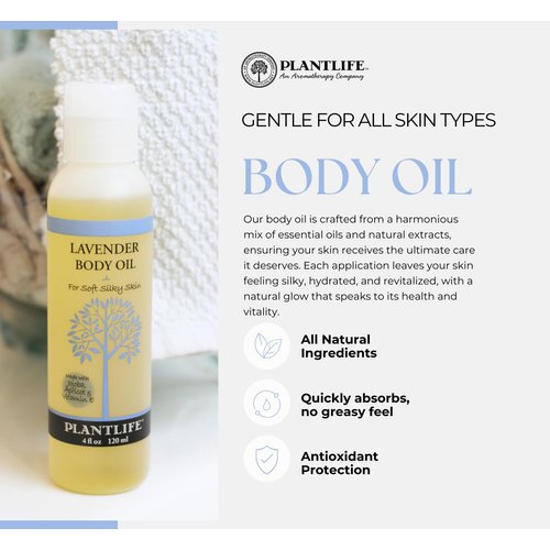 Plantlife Lavender Body Oil - Moisturizing Natural Body Oil for All Skin Types - Nourishing Dry Skin and Making It Feel Soft and Silky for Women & Men - Bath, Body & Massage Oil - 4oz