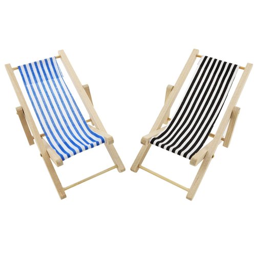 Wantane Miniature Beach Chair Props Miniature Dollhouse Folding Chairs Doll House Mini Folding Chairs Mini Lounge Chair Models for Dollhouse Home Desk Garden Decor (Black + Blue) 2PCS