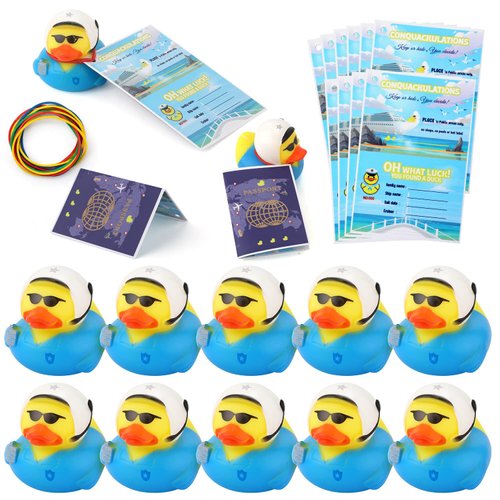 12 Sets Duck Tag Cruise Kits, 12pcs Rubber Cruise Ducks (Aviator Style) and 12pcs Tags with Elastic Rubber Bands, Funny Rubber Ducks for Cruise Ships for Kids Party Ducking Games