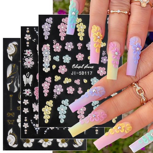 3 Sheets 5D Embossed Flower Nail Art Stickers Pink Purple White Floral Nail Stickers Chain Butterfly Nail Decals Self-Adhesive Spring Flower Nail Supplies for Women Girls Nail Decoration Designs