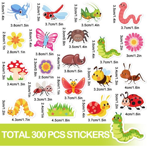 JarThenaAMCS 300Pcs Insect Foam Stickers Cute Cartoon Flower Butterfly Bee Ant Decals Self-Adhesive Stickers for Spring Summer Arts Crafts Greeting Cards School Home Decor Party Supplies