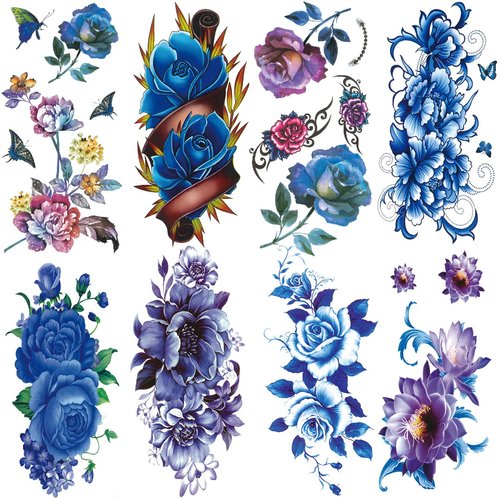 Oottati Waterproof Temporary Tattoo Stickers 8 Sheets Blue Purple Rose Lotus Flower Butterfly Stylish and Long-Lasting Arm Jewelry
