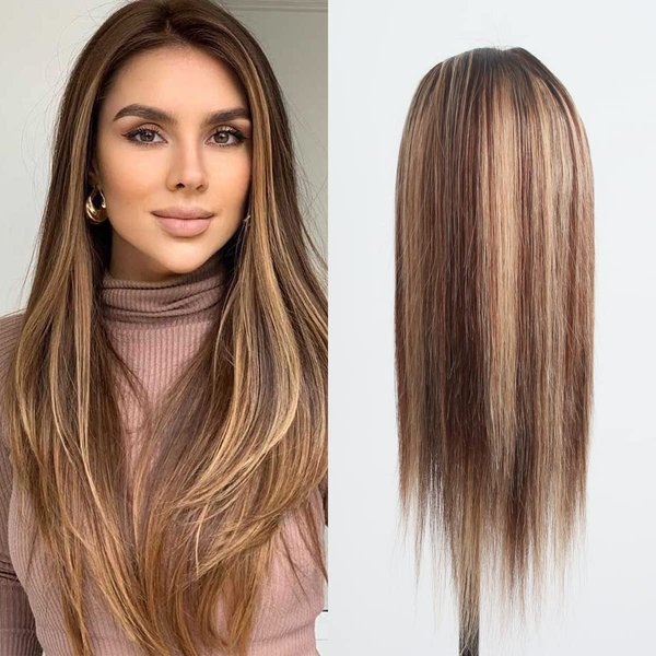Aprilhair Pre-plucked Ombre #4/27 Brown Honey Blonde Highlight Lace Front Wigs Straight Glueless 150% Density Brazilian Virgin Human Hair (16 INCH, 4/27 Lace Front Wig)