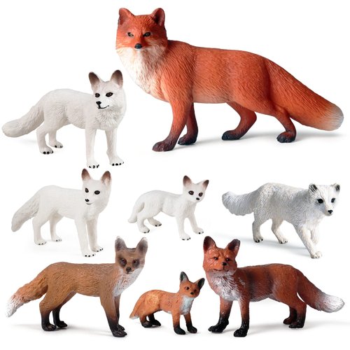 SIENON 8Pcs Fox Toy Figures Arctic Fox and Red Foxes Figurines Set Fox Family Forest Animals Figu...