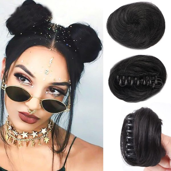 BASEMMAHER 2 Pcs Mini Claw Clip in Messy & Cat Ears Hair Bun Extensions Wavy Wig Accessory Space Buns Hair Piece Synthetic Donut Updo Chignon Hairpieces for Women Girls (Natural Black)