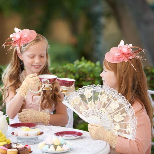 Sintege 4 Pcs Girls Tea Party Supplies Set Tea Party Gloves Hats Girls Tea Party Necklace Fan for Girls Tea Party Favor(Champagne)