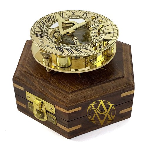Marine Sundial Compass with Wooden Box Vintage Brass Ship Navigate Device J.H.Steward Ltd. Strand London Functional Sundial with time Chart Nautical Gift Collection