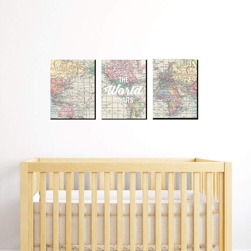 Big Dot of Happiness World Awaits - Nursery Wall Art, Kids Room Decor and Travel Map Home Decorations - Gift Ideas - 7.5 x 10 inches - Set of 3 Prints