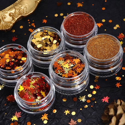 Golden Fall Nail Art Glitters Maple Leaf Nail Sequins, LPOODDNU Autumn Leaves Nail Decoration Accessories 3D Maple Leaves Nail Decals Professional Fall Nail Designs for Women Manicure DIY, 6 Jars