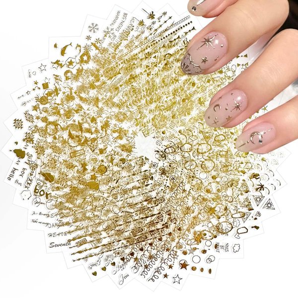 30 Sheets Gold Nail Art Stickers 3D Self-Adhesive Gold Star Nail Decals Gold Heart Nail Stickers Aurora Line Moon Nail Art Stickers for Nail Design Decoration Accessories for Women and Girls
