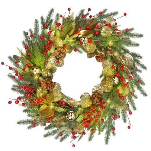 DR.DUDU Christmas Wreath with Lights, 22&quot; Battery Operated Lighted Wreath with Timer for Front Do...