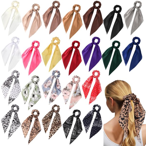 Yuxung 24 Pcs Hair Scarf Scrunchies Hair Ribbons Knotted Bow Hair Ties Bulk Satin Hair Ribbon Elastic Hair Scarf Hair Bands Ponytail Holder Hair Accessories for Women