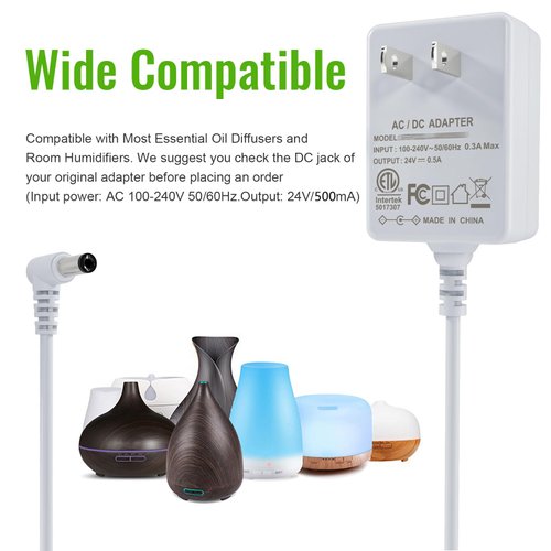 SoulBay [ETL Listed] 24V Diffuser Power Cord for Essential Oil Diffusers Humidifiers 120ml 150ml 200ml 300ml 400ml 500ml Replacement Adaptor, Input 100V-240V Output 24Volt 500mA, White, 5.6 FT