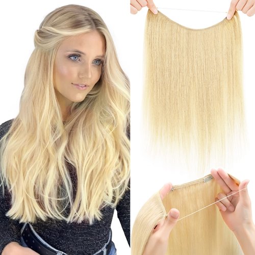Wire Hair Extensions - 100% Real Human Hair Extensions, Invisible Wire Fish Line Hair Extensions for Women, Straight Real Human Hair Extension 16 inch Layered Hairpiece Camel mixed Bleach Blonde