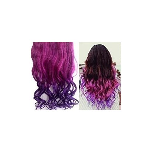 CJESLNA Fashion Sexy Two Tone Long Curl/curly/wavy Clip in Hair Extensions Pieces Wig Girls, Shade Hot Pink to Dark Purple