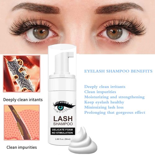 Shmian Lash Shampoo for Lash Extensions, Lash Fan with 50ml Eyelash Foam Cleanser and 50 Pcs Eyelash Brush and Rinse Bottle Oil Free/Sulfate Free Eyelash Wash Remover For Eyelash Extension Wash, Black
