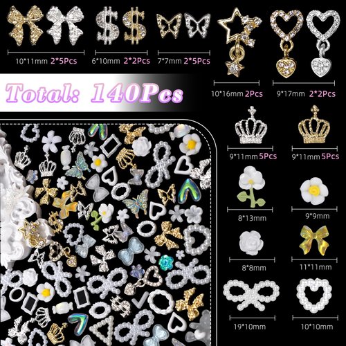 140 Pcs Flowers Assorted Nails Art Charms, Alloy Silver Gold Dangle Heart Star Butterfly Bowknots Crown Dollar Metal Nail Gems, 3D Mix Bow Heart Pearls Acrylic Nails Charms for Nails DIY