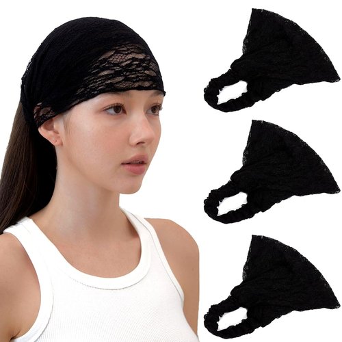LONEEDY 3 Pack Soft Lace Wide Headbands for Women,2 Ways Bandana Hairband for Girls Daily Hair Accessories (3 Black, One Size)
