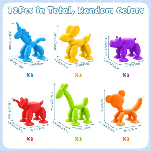 ARefugen 12Pcs Animal Suction Toys for Kids Ages 3-8 - Balloon Animals Bath Toy Set Creative Connect Build Sensory Toys No Hole Bathtub Travel Toys for Baby Toddler Ideal Stuffers Birthday Party Gift