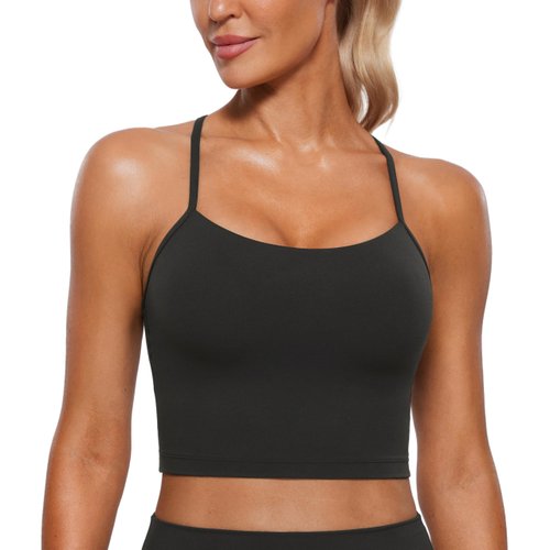 CRZ YOGA Womens Butterluxe Y Back Longline Sports Bras - Spaghetti Straps Racerback Padded Yoga Bra Workout Crop Tank Top Black Medium