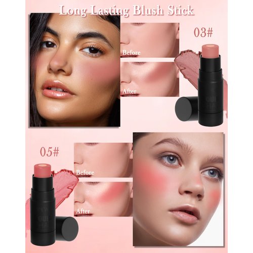 Cream Blush Stick for Cheeks-2Pcs Multi-Use Sandwich Makeup Blush Stick for Eyes Lips Face,Longlasting Tinted Matte Blush, Glow Blendable Blusher with Brush,Christmas Gift for Women-03+05