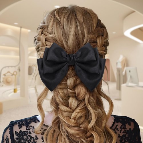 YanJie Hair Clips Hair Bows for Women Big Bow Hair Clips Vintage Hair Accessories Satin Silk Hair Barrettes French Cute Style Black and White 2Pcs