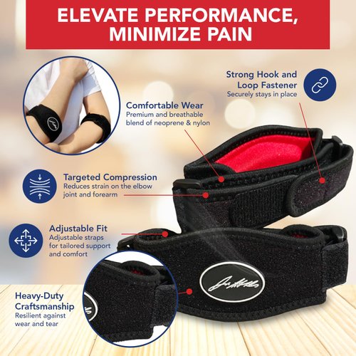 Tennis Elbow Brace & Adjustable Arm Band Support for Pain Relief for Tendonitis, Golfers Elbow Strap for Men and Women - Comfy Removable Arm Wrap for Daily Wear, Gym, Sports (Single, Black)