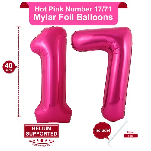 40 Inch Hot Pink 17 Number Balloons Giant 17 Balloons Hot Pink Birthday 17 Balloons 17th Birthday Anniversary Party Decorations Supplies