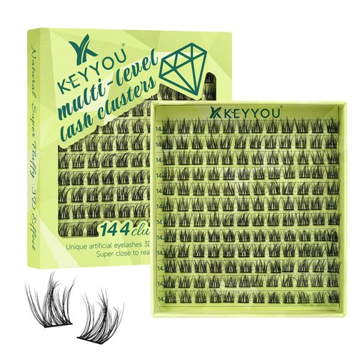 Lash Clusters 3D Effect Eyelash Clusters KEYYOU 144pcs D Curl 16mm Wispy Lashes Fluffy Cluster Lashes Natural Soft DIY Lash Extension(Aura-D-16)