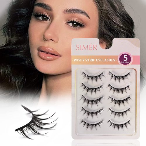SIMER 5 Pairs False Eyelashes Manga Lashes Natural Look C Curl Wispy Mink Lashes 12mm Strip False Eyelashes for Eyelash Extension