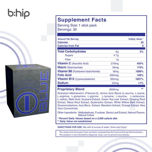 Energy Drink Powder, bHIP Blue Energy Blend 30 Drink Mix Packets. Energy Powder Powered by Guarana. Natural Energy Drinks for Strength and Endurance. Natural Energy for Strength and Endurance