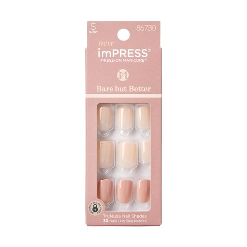 KISS imPRESS No Glue Mani Press On Nails, Bare But Better, 'Simple Pleasure', Nude, Short Size, Squoval Shape, Includes 30 Nails, Prep Pad, Instructions Sheet, 1 Manicure Stick, 1 Mini File