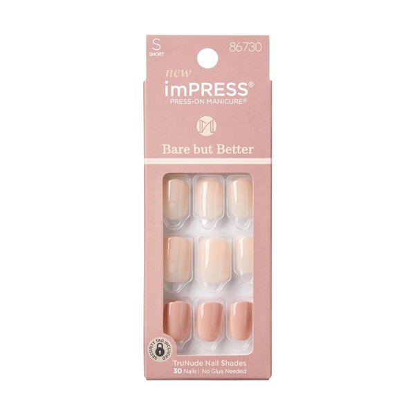 KISS imPRESS No Glue Mani Press On Nails, Bare But Better, 'Simple Pleasure', Nude, Short Size, Squoval Shape, Includes 30 Nails, Prep Pad, Instructions Sheet, 1 Manicure Stick, 1 Mini File