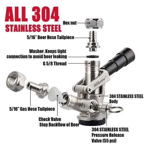MRbrew All 304 Stainless Steel Keg Coupler, Commercial Sankey Kegerator D System Keg Tap Dispenser for I.D 5/16'' Draft Beer Line Gas Brewing Tubing with Check Valve Sealing Washer Hose Clamp