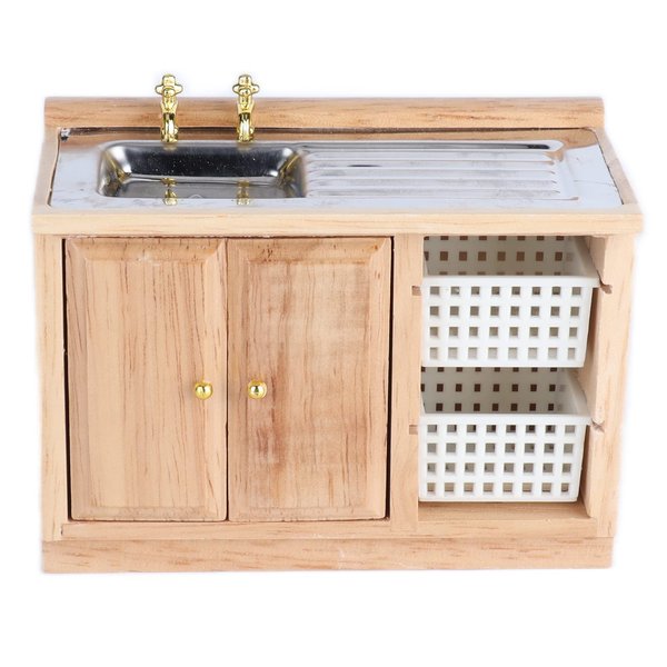 Dollhouse Kitchen Sink, 1:12 Doll House Mini Furniture Bathroom Sink Kitchen Oak Sink Dollhouse Accessories(Wood Color)
