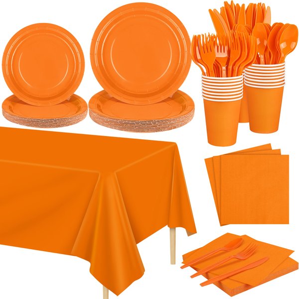 Kochorie 169 Pieces Orange Party Supplies Disposable Dinnerware Set Include Plates and Cups Napkins Plastic Forks Knives Spoons Tablecloth for Wedding Birthday Party Decorations, Serve 24 Guests