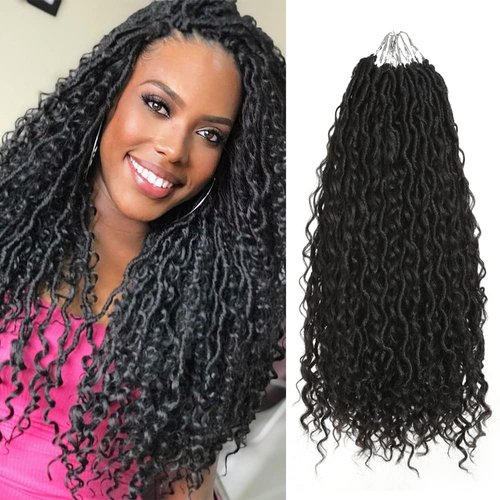 5packs Goddess Locs Crochet Hair 18 Inch River Locs Wavy Crochet With Curly Hair In Middle And Ends Synthetic Braiding Hair Extension (18 inch, 5Packs, 1B)