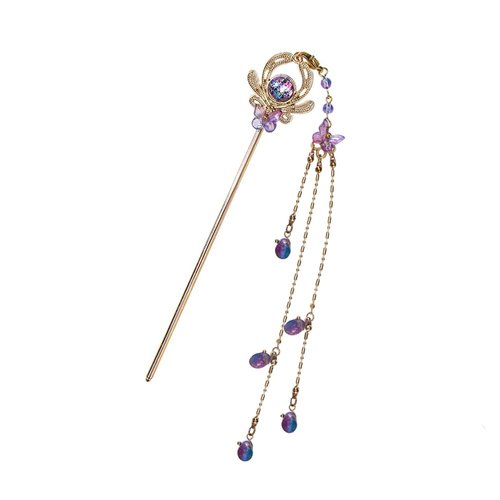 Retro Alloy Purple Butterfly Hair Stick Tassel Pendant Chinese Hair Chopsticks Hairpin MGPFERD