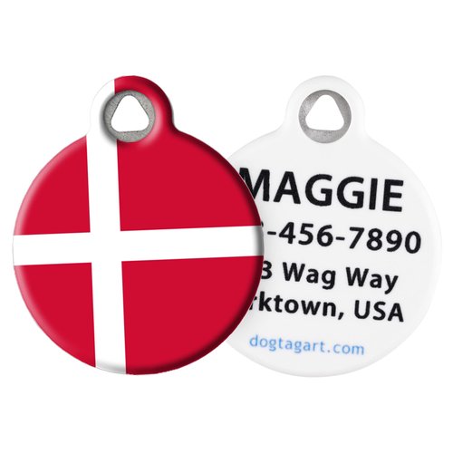 Dog Tag Art Danish Flag Personalized Pet ID Tag for Dogs and Cats, Silent Polymer Coated Stainless Steel Flag of Denmark Nametag with Customized Identification Information- Small .875" Diameter
