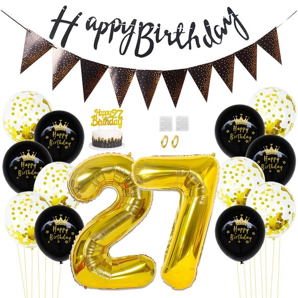 Daimay 27th Birthday Party Decorations Gold Black Happy Birthday Latex Confetti Balloons Triangle Flag Banner Number 27 Foil Balloon Cake Topper for Men Women Anniversary Birthday Party Supplies