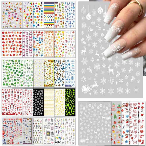 IDDFEVE 36 Sheets Varied Nail Art Stickers, All Holiday Variety Pack Seasonal Nail Decals, Self-Adhesive Pegatinas Uñas Colorful Design for Flowers Butterflies Luminous Star Halloween Christmas