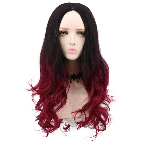 yuehong Long Wavy Two Tone Ombre Black Dark Red Women Wig Anime Cosplay Costume Wigs