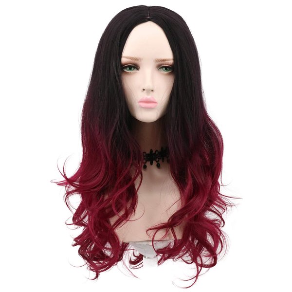 yuehong Long Wavy Two Tone Ombre Black Dark Red Women Wig Anime Cosplay Costume Wigs
